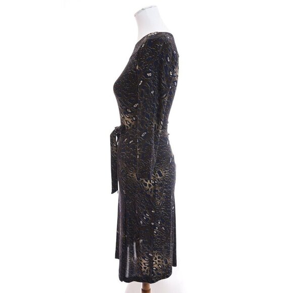 Tory Burch Sz XS Belted Shift Dress Pleated Drop Waist Slinky Brown Blue Stretch - Picture 7 of 12